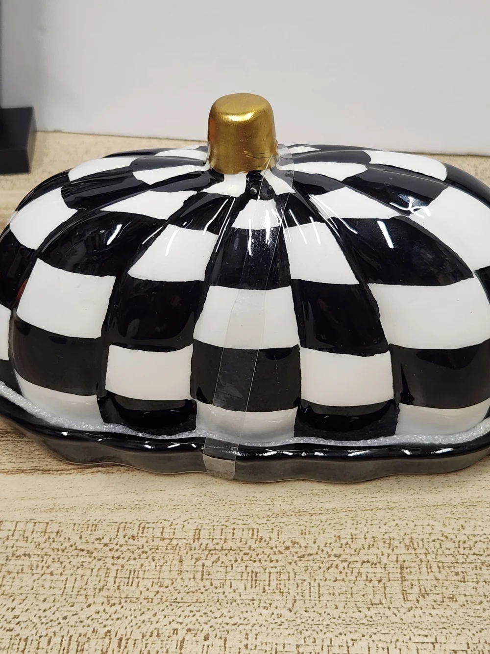 Salem St. Hand-Painted Black & White Check Pumpkin with Gold Stem